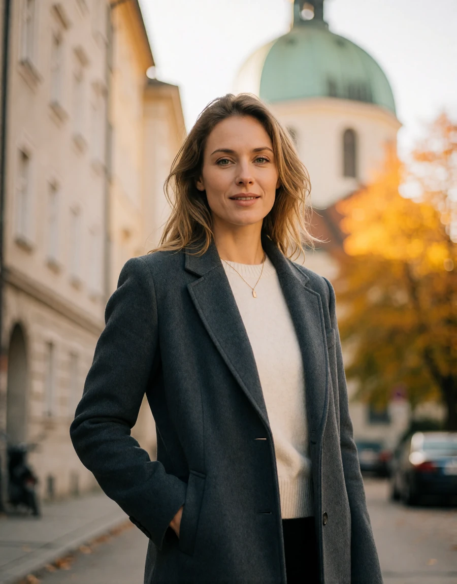 German woman in a charcoal wool coat standing on a quiet Munich street with Bavarian stone facades behind her, a EuroPassions German dating member portrait