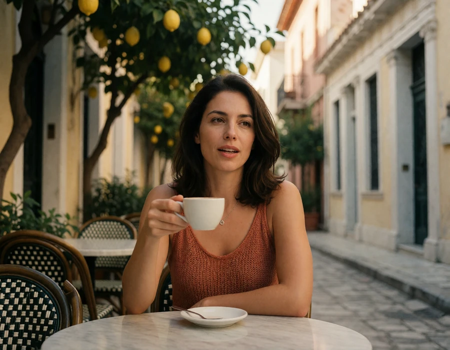 Greek woman in a terracotta knit top at a marble cafe table in the Plaka district of Athens