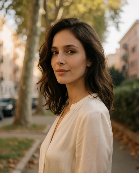 Italian woman in an ivory blouse on a tree-lined boulevard in the Prati district of Rome