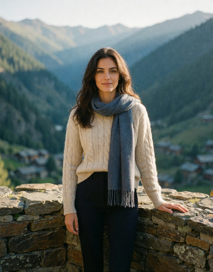 Andorran woman in a cream knit sweater at a stone overlook above a Pyrenean valley, a EuroPassions Andorran dating member portrait