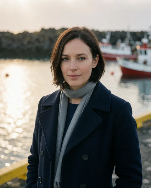 Icelandic woman in a navy peacoat on the harbor walkway at Hafnarfjordur in Iceland's capital region