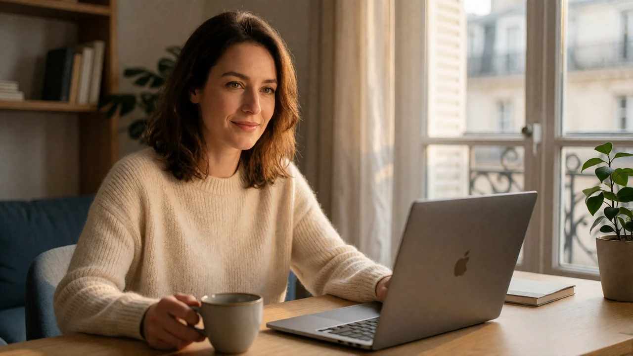 European woman smiling during her first video date at an apartment desk with warm window light, illustrating first video call etiquette
