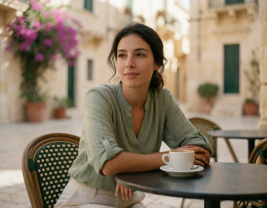 Maltese woman in a sage blouse at an outdoor cafe table on a quiet square in Sliema, Malta