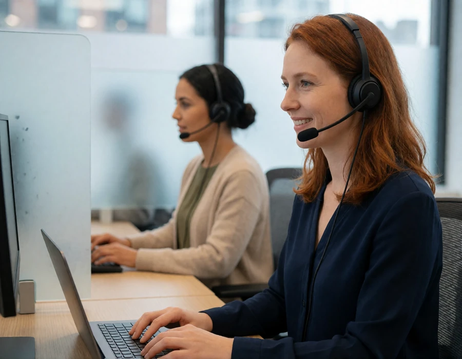 Customer support specialists with headsets assisting EuroPassions members in a modern service office