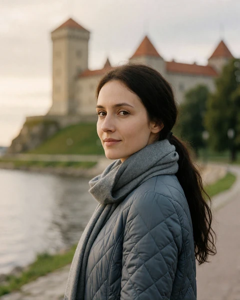 Estonian woman in a slate blue jacket on the riverside promenade in Narva with the castle tower behind her