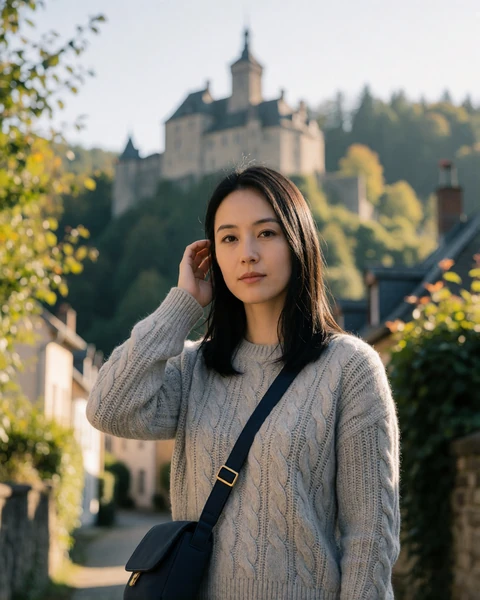 Woman in a grey cable-knit sweater on a village lane below the castle in Vianden, northern Luxembourg