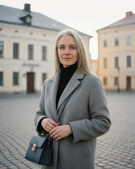 Estonian woman in a gray coat on the Tartu old town square, representing Baltic European dating regions
