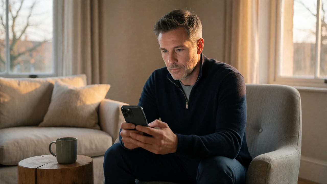 American man in his forties reading dating messages on his phone in a sunlit living room while weighing whether a match is genuine