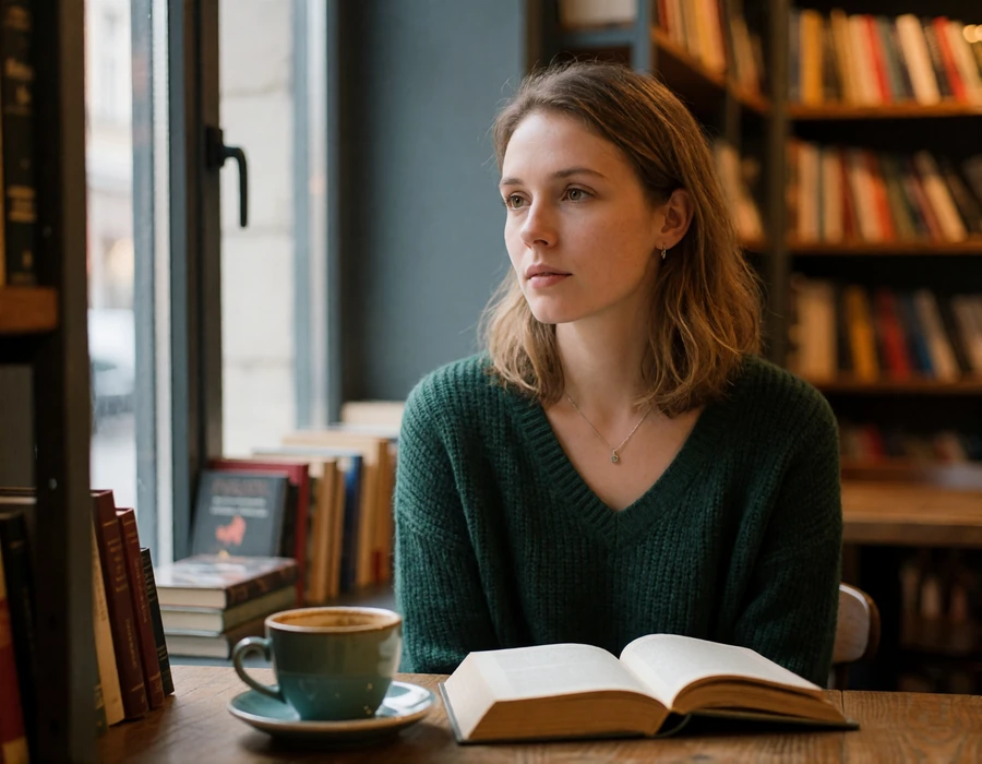 Lithuanian woman reading beside a window in a quiet Vilnius bookshop cafe, illustrating the educated professional profile of members