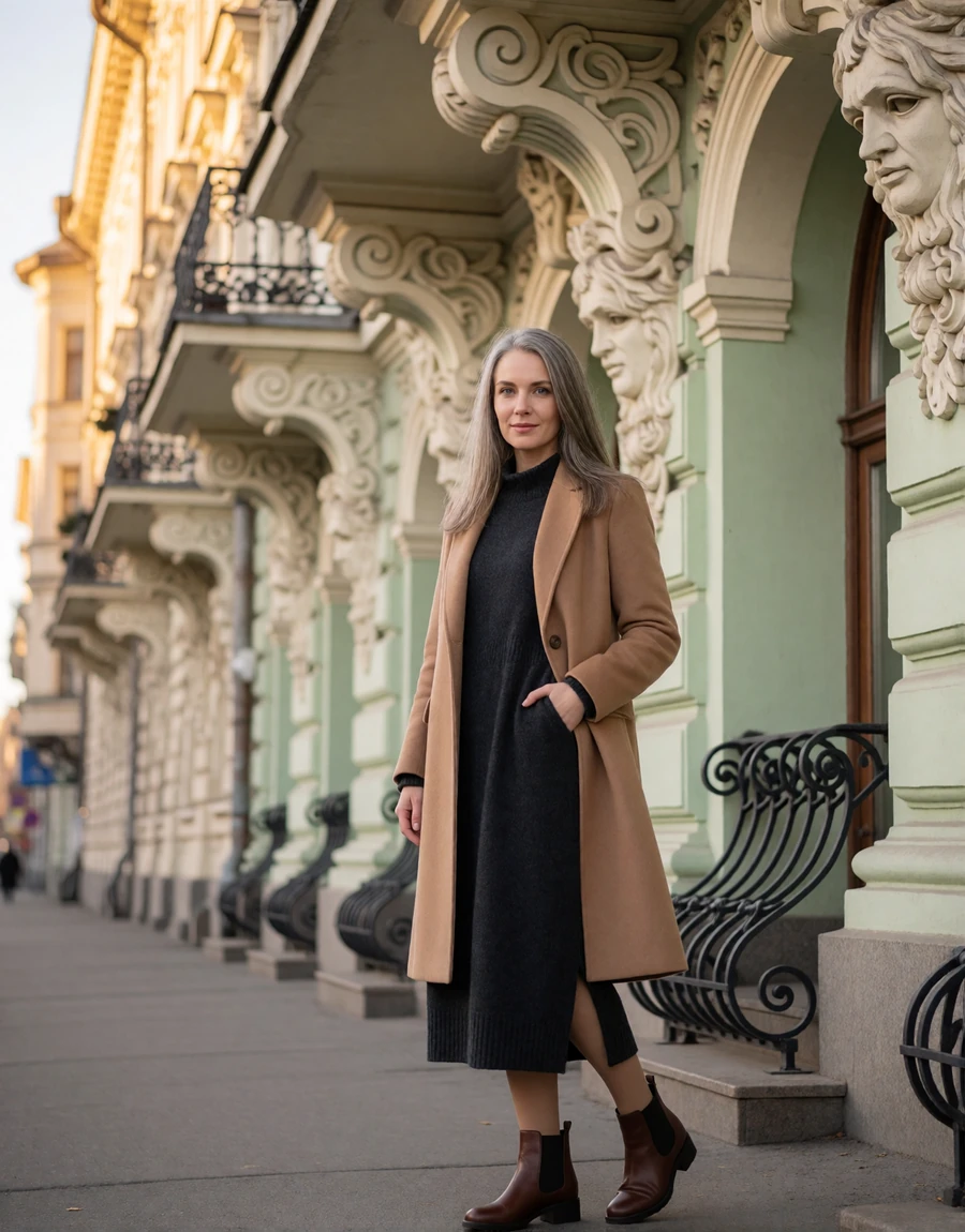 Latvian woman in a camel coat on a Riga street lined with Art Nouveau facades, a EuroPassions Latvian dating member portrait