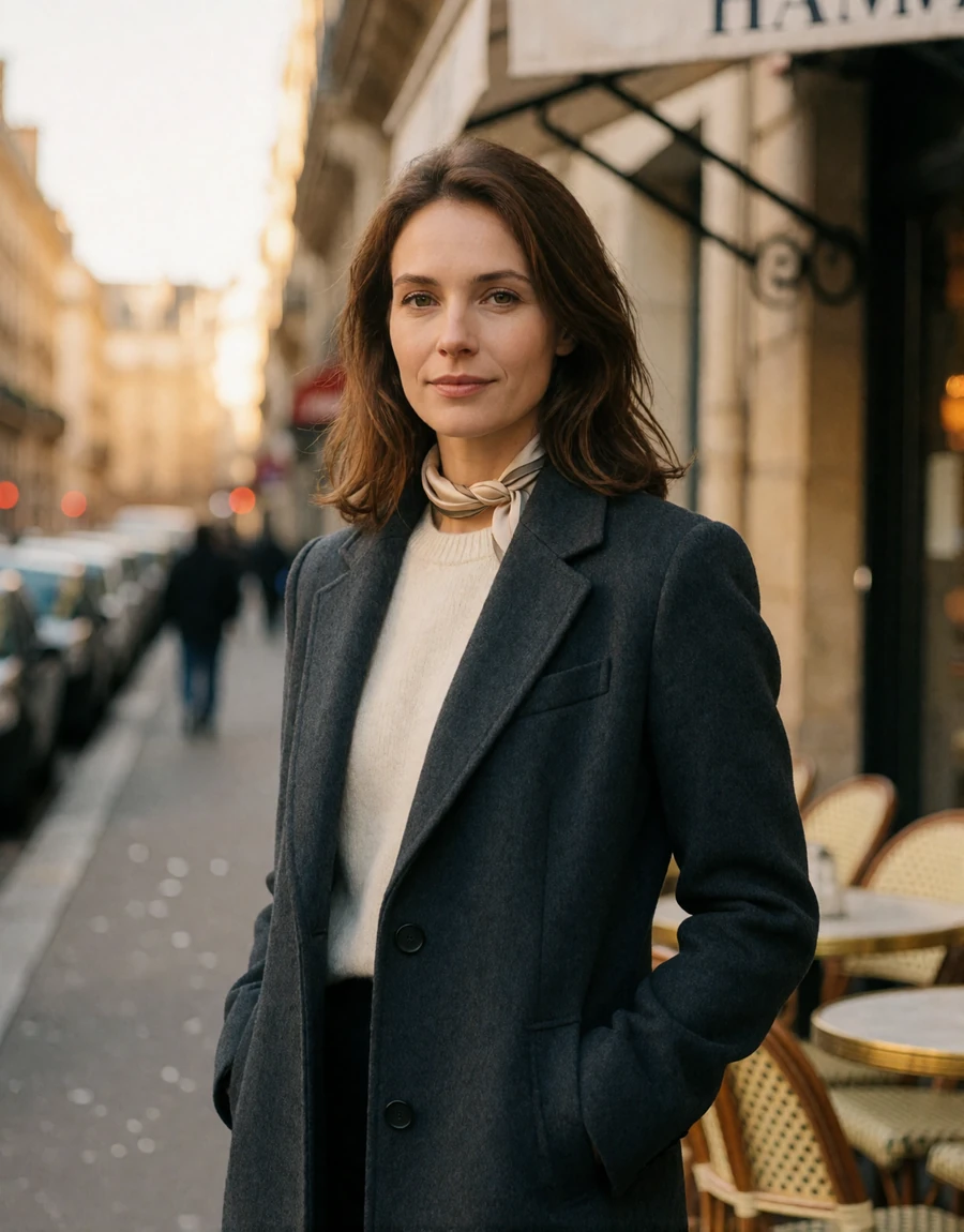 French woman in a charcoal wool coat on a quiet Paris street near a cafe terrace, a EuroPassions French dating member portrait