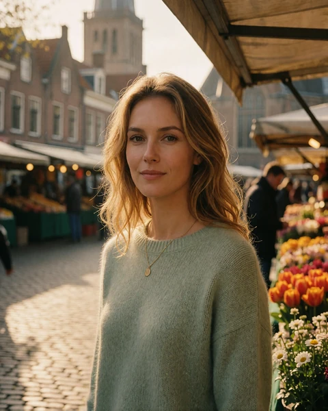 Dutch woman in a sage green sweater beside a flower stall on the cobbled market square in Haarlem