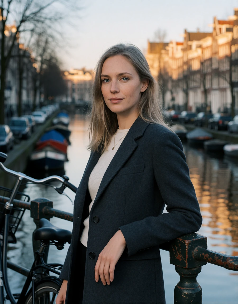 Dutch woman in a charcoal wool coat standing at an Amsterdam canal railing with brick gabled townhouses behind her, a EuroPassions Dutch dating member portrait