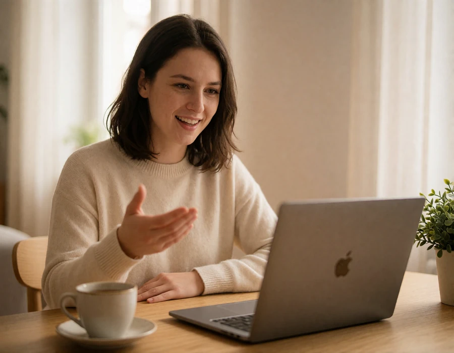 European woman smiling during a video call from her apartment in Brno, showing the messaging to video call step