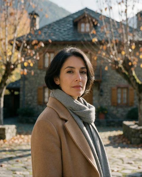 Andorran woman in a camel wool coat in a quiet stone square in Ordino in autumn light