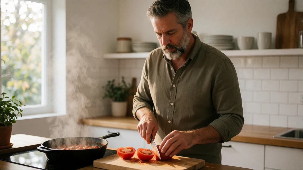 Man in his late forties cooking a simple meal in a home kitchen, illustrating everyday competence as an attraction signal