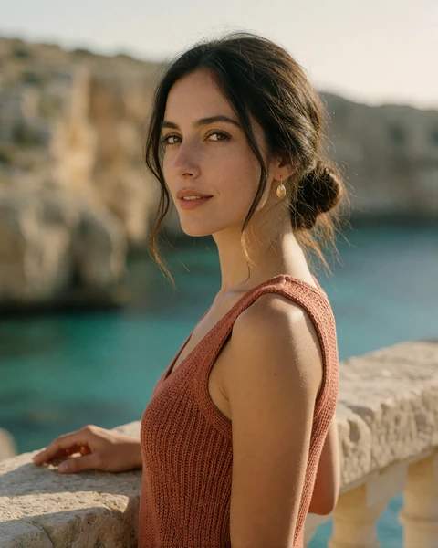 Maltese woman in a terracotta knit top on a terrace above Xlendi Bay on the island of Gozo