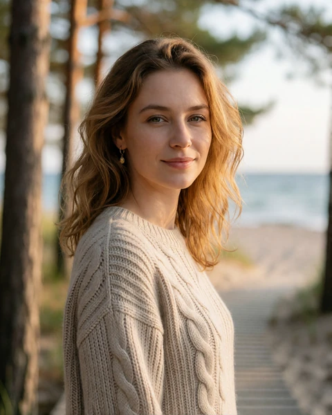 Latvian woman in a cream knit sweater on a pine boardwalk near Jurmala beach, EuroPassions member profile portrait