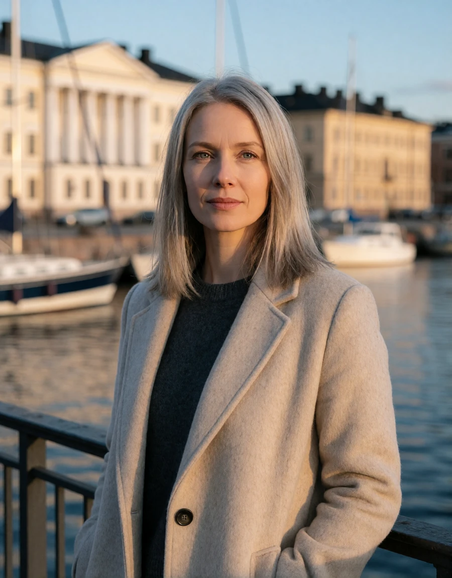 Finnish woman in an oatmeal wool coat standing on the Helsinki South Harbour waterfront at golden hour, a EuroPassions Finnish dating member portrait
