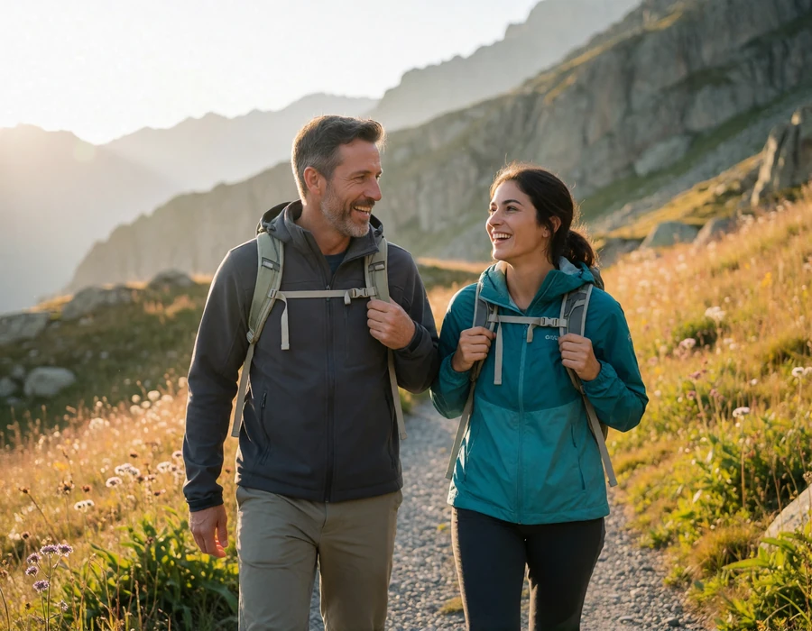 American man and his Andorran partner hiking together on an alpine trail in the Andorran Pyrenees