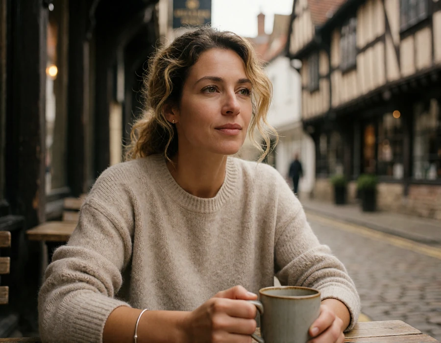 British woman in an oatmeal sweater seated at a cafe table on a cobbled York street with timber-framed buildings behind