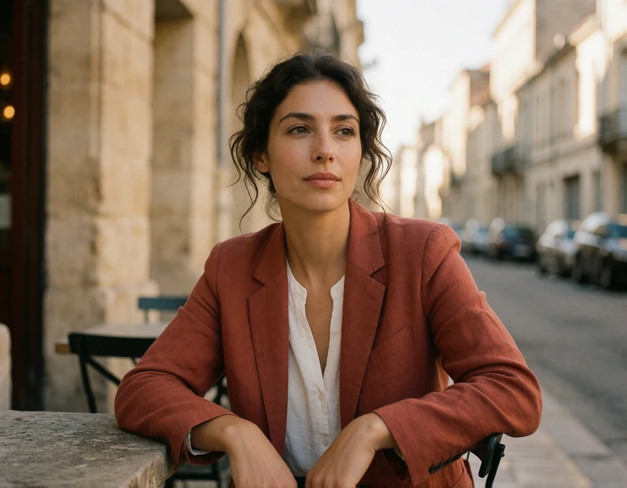 French woman in a rust linen blazer seated at a wine bar table on a limestone street in Bordeaux