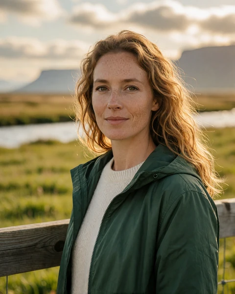 Icelandic woman in a green windbreaker beside a wooden fence on farmland near Selfoss in south Iceland