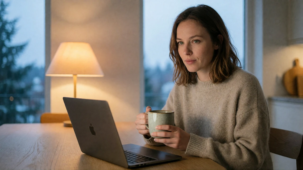European woman on an early morning video call at a bright kitchen table with coffee, showing time-zone separated communication in a long distance international relationship
