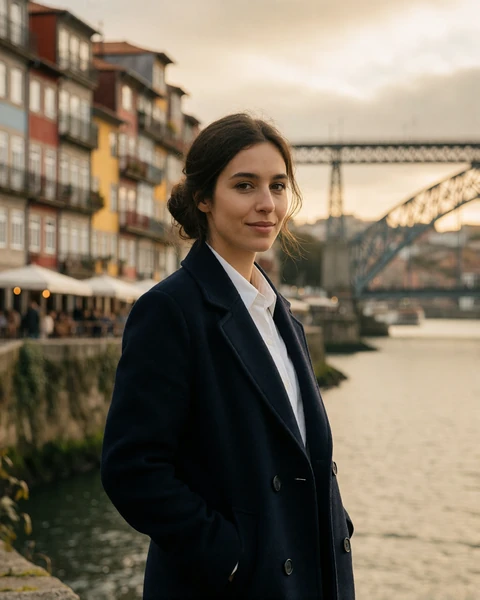 Portuguese woman in a navy wool coat on the Ribeira riverfront in Porto with Douro townhouses behind her