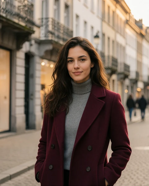 Woman in a burgundy wool coat on a pedestrian street in Esch-sur-Alzette, southern Luxembourg