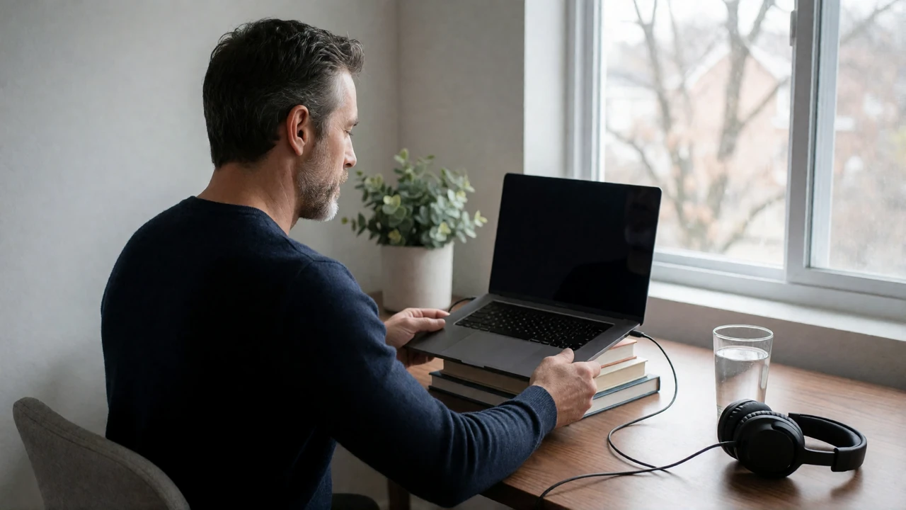 Man positioning his laptop at eye level facing a window before a video date, demonstrating correct lighting setup