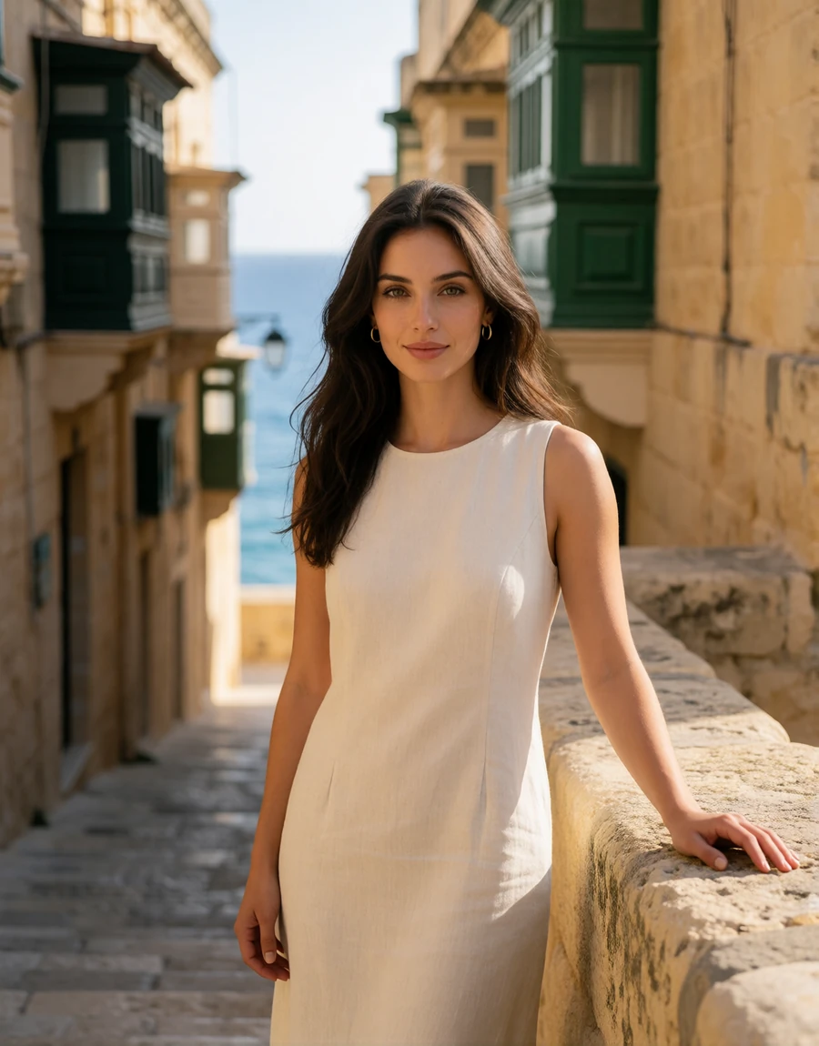 Maltese woman in a cream linen dress on a stepped limestone street in Valletta at golden hour, a EuroPassions Maltese dating member portrait