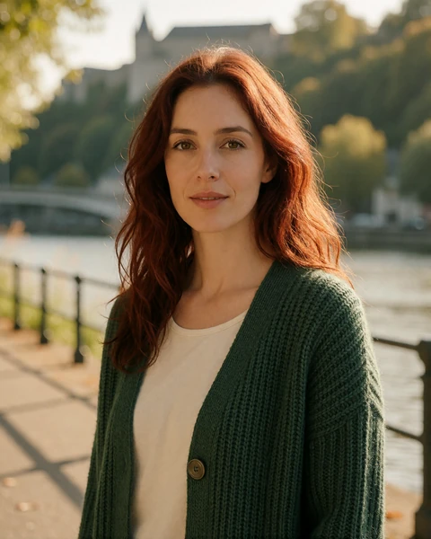 Belgian woman in a forest-green cardigan on the Meuse riverside promenade in Namur, Wallonia
