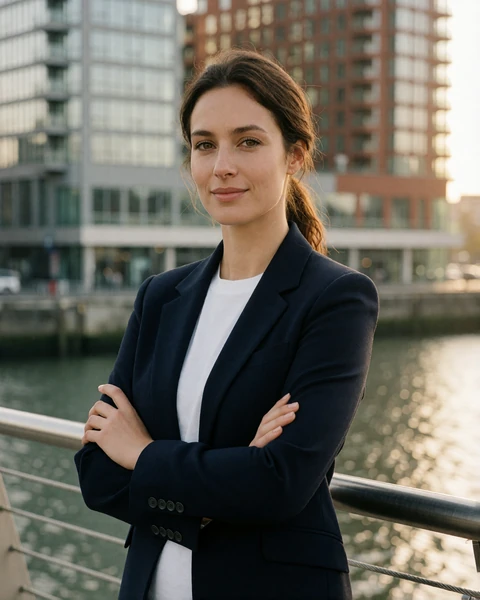 Dutch woman in a navy blazer on a Rotterdam pedestrian bridge with modern harbour architecture behind her