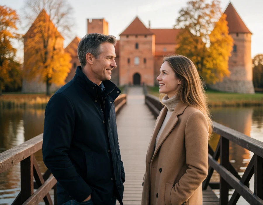 American man and his Lithuanian partner on the footbridge to Trakai Island Castle during a first visit to Lithuania