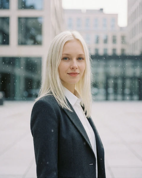 Estonian woman in a charcoal blazer on a modern glass-and-limestone plaza in the Rotermann quarter of Tallinn
