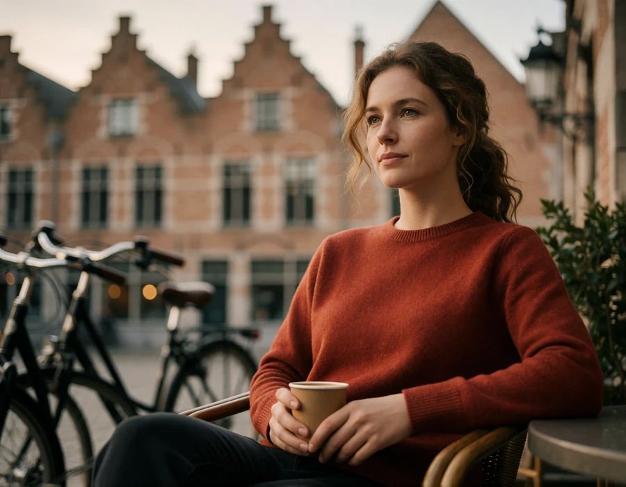 Belgian woman in a rust sweater sitting at a cafe table on the Oude Markt square in Leuven, Belgium
