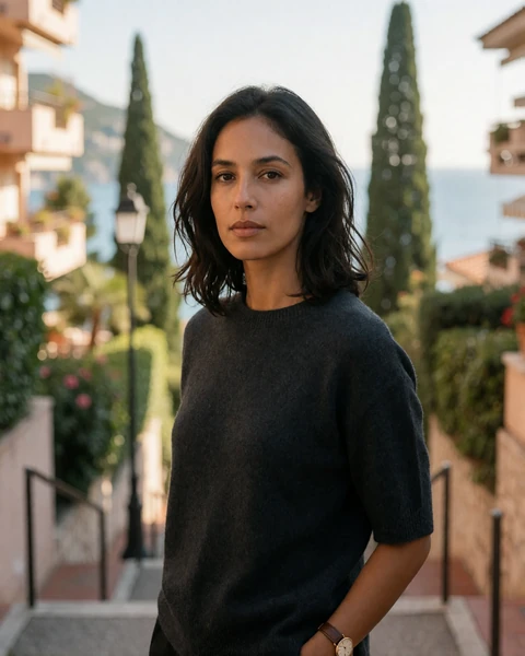 Woman in a charcoal knit top on a stepped residential street in the Saint-Roman district of eastern Monaco