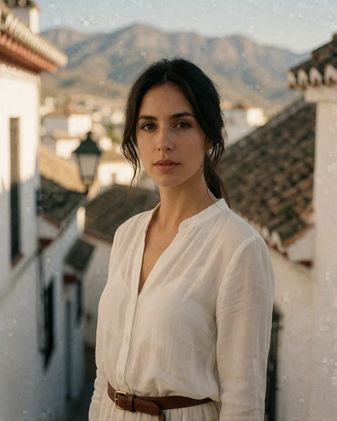 Spanish woman in a white blouse on a whitewashed lane in the Albaicin quarter of Granada, Andalusia