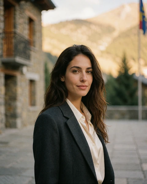 Andorran woman in a charcoal blazer on a granite plaza in central Andorra la Vella