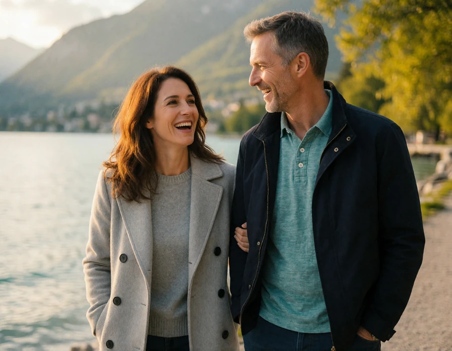 International couple in their forties walking and laughing on the lakeside path at Lake Annecy in the French Alps