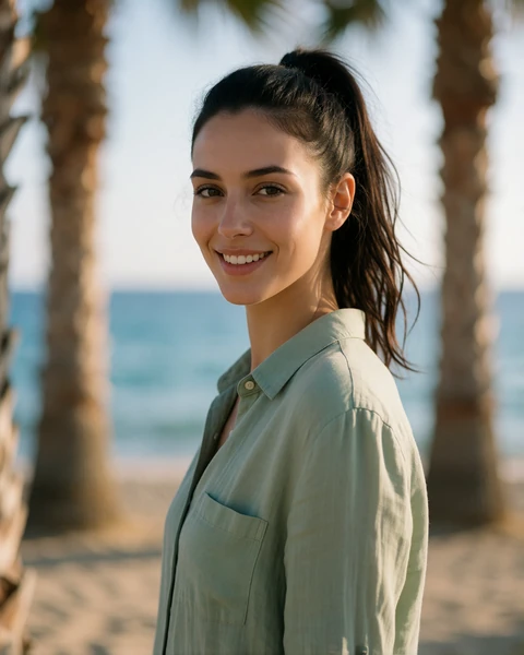 Cypriot woman in a sage green linen shirt on the palm-lined Finikoudes seafront in Larnaca, a verified member profile portrait
