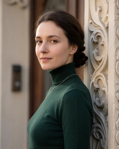 Latvian woman in a green turtleneck beside an Art Nouveau doorway in Riga, EuroPassions member profile portrait