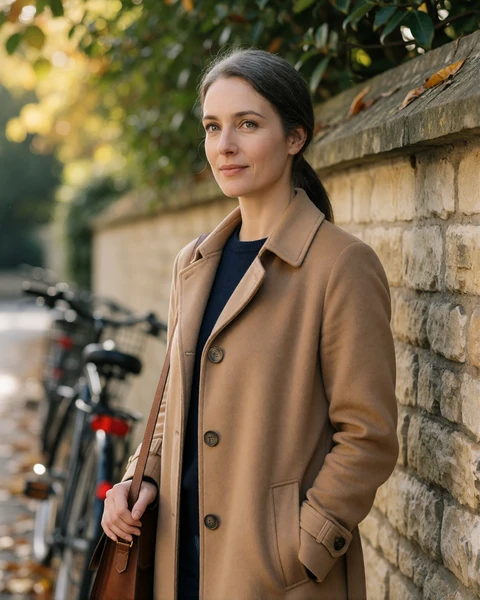 British woman in a camel trench coat beside a honey-stone college wall on a quiet Cambridge lane