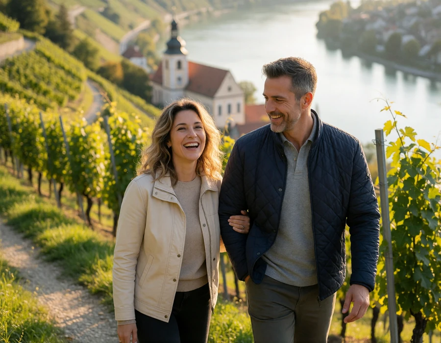 International couple walking together along a vineyard path in the Wachau Valley above the Danube in Austria