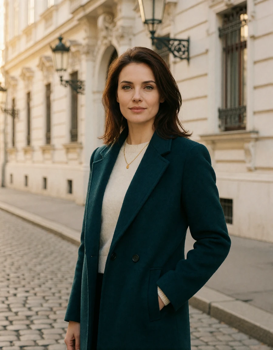 Austrian woman in a teal wool coat standing on a cobbled street in Vienna's first district at golden hour, a EuroPassions Austrian dating member portrait
