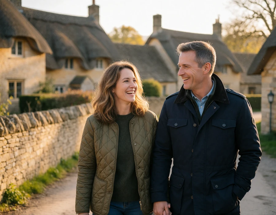 International couple walking and laughing together on a stone village lane in the English Cotswolds