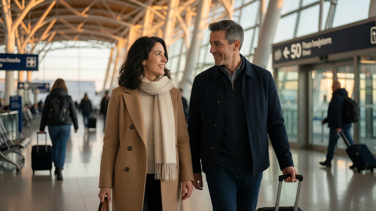 Couple walking together through a sunlit European airport arrivals hall during a reunion visit in a long distance international relationship