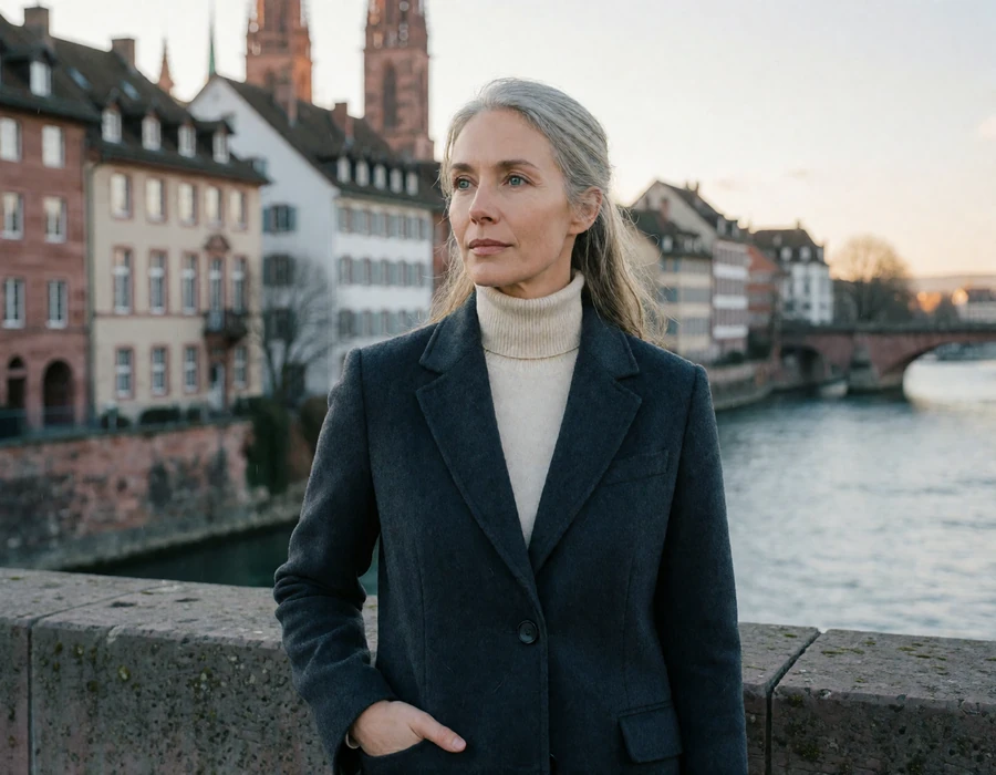 Swiss woman in a charcoal wool coat standing on the Mittlere Brücke over the Rhine in Basel, Switzerland