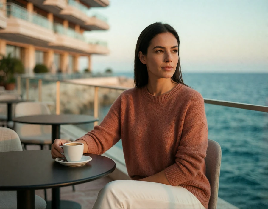 Woman in a terracotta sweater at an outdoor cafe table on the Larvotto seafront promenade in Monaco